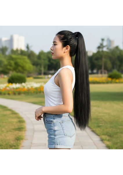 Lastik Tokalı At Kuyruğu Düz - Siyah