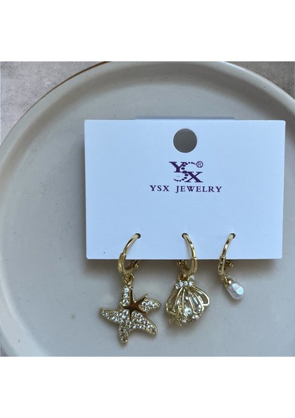 Gold Çelik Deniz Temalı Küpe Seti | Denizyıldızı Deniz Kabuğu Inci Charm Küpeler | Suya Dayanıklı Alerji Yapmayan Kadın Küpe
