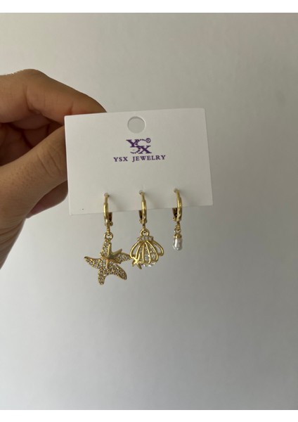 Gold Çelik Deniz Temalı Küpe Seti | Denizyıldızı Deniz Kabuğu Inci Charm Küpeler | Suya Dayanıklı Alerji Yapmayan Kadın Küpe