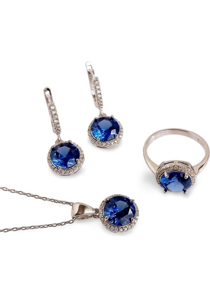 925 Ayar Gümüş Mavi Tanzanit Taş Retro Tasarım Kolye Küpe Yüzük Kadın Set 4