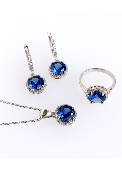925 Ayar Gümüş Mavi Tanzanit Taş Retro Tasarım Kolye Küpe Yüzük Kadın Set 4 fiyatları
