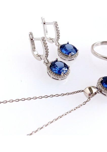 925 Ayar Gümüş Mavi Tanzanit Taş Retro Tasarım Kolye Küpe Yüzük Kadın Set 4 modelleri