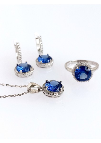 925 Ayar Gümüş Mavi Tanzanit Taş Retro Tasarım Kolye Küpe Yüzük Kadın Set 4 fırsatları