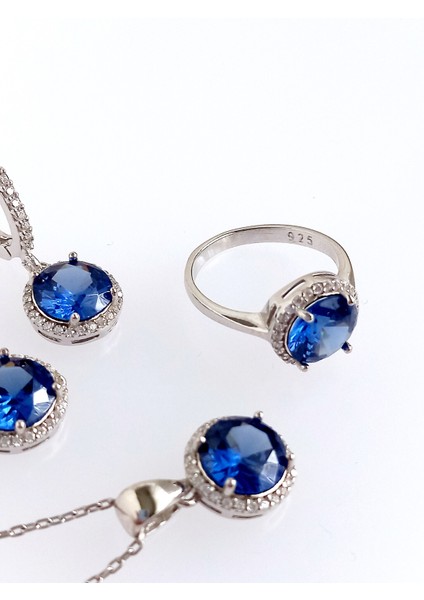 925 Ayar Gümüş Mavi Tanzanit Taş Retro Tasarım Kolye Küpe Yüzük Kadın Set 4 indirimleri