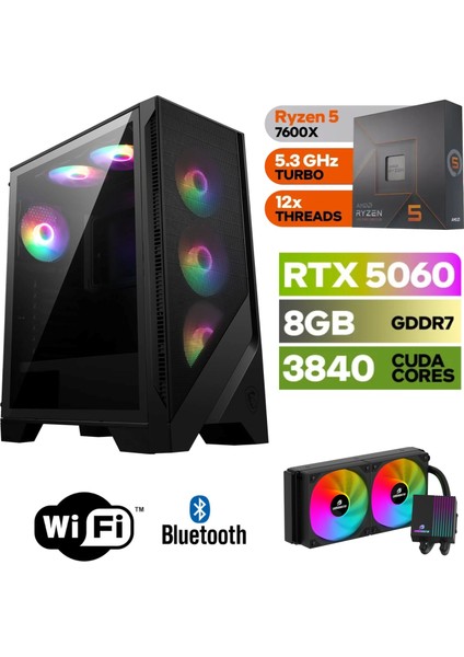 Şafak-Gaming Pc Ddr5-Rtx 5060 8gb -Ryzen 5 7600X – 32 GB Ddr5 Ram – 1 Tb M.2 SSD 5000 4000 – 240MM Sıvı Sogutma -Windows 11 Pro-