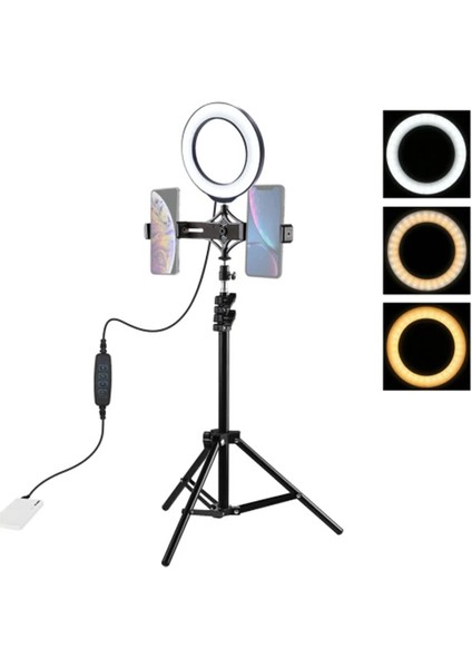 Puluz 1.1m Çift Telefon Tutucu 6.2cm LED Işık Stand Youtubercanlı Yayın Selfie - A4323-9635