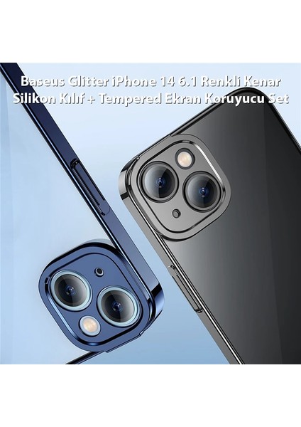 Baseus Glitter iPhone 14 6.1 Renkli Kenar Silikon Kılıf + Tempered Ekran Koruyucu - A7641-7295 modelleri
