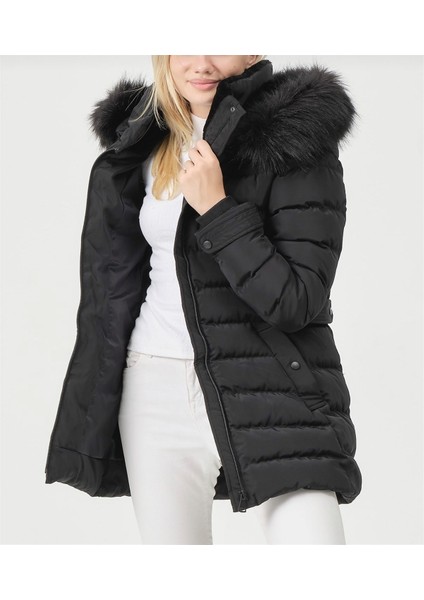 Kadın Siyah Kürklü Çıkarılabilir Kapüşonlu Su Geçirmez Uzun Şişme Anorak Kaban fırsatları