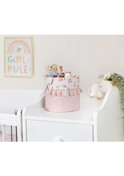 Baby Kullanımı Kolay Desenli Taşınabilir Düzenleyici Yuvarlak Sepet(Pembe)