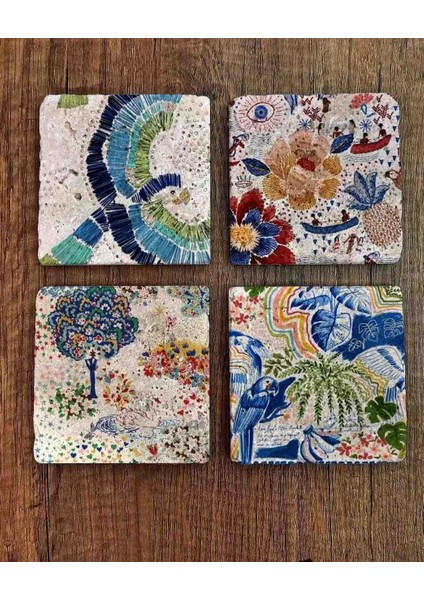 4lü Bardak Altlığı Doğal Taş Baskılı