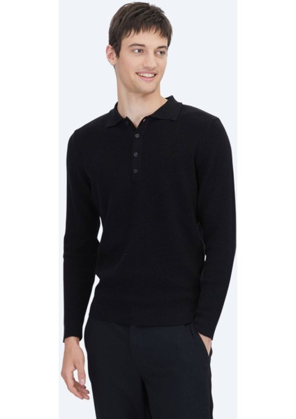Siyah Polo Yaka Düz Örgü Pamuk Karışımlı Triko Kazak
