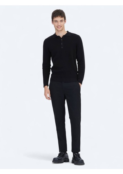 Siyah Polo Yaka Düz Örgü Pamuk Karışımlı Triko Kazak fiyatları