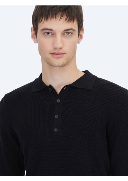 Siyah Polo Yaka Düz Örgü Pamuk Karışımlı Triko Kazak modelleri