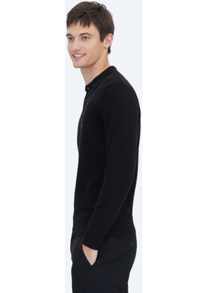 Siyah Polo Yaka Düz Örgü Pamuk Karışımlı Triko Kazak fırsatları