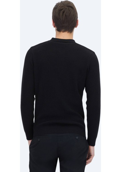 Siyah Polo Yaka Düz Örgü Pamuk Karışımlı Triko Kazak indirimleri