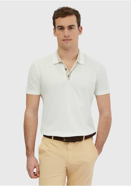 Ekru Düz Polo Yaka %100 Pamuk T-Shirt