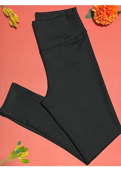 Kadın Tayt Yüksek Bel Dalgıç Siyah Renk Fitilli Tayt