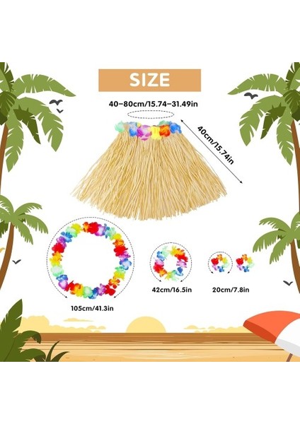 Yetişkin Çocuk Hawaii Parti Seti - 40 cm Naturel Etek + Çiçek Aksesuarlar (5 Parça) modelleri