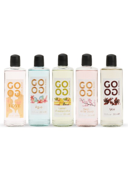 Gogo 5'li Kolonya Seti 250ML Cam Şişe (Love, Aqua, Lemon Cheesecake, Japon Kiraz Çiçeği, Spice)