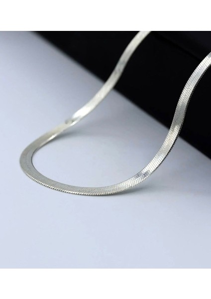 Italyan Zincir Kolye Yassı Balıksırtı Model Kararmaz Çelik Kolye Gümüş 42+5 cm