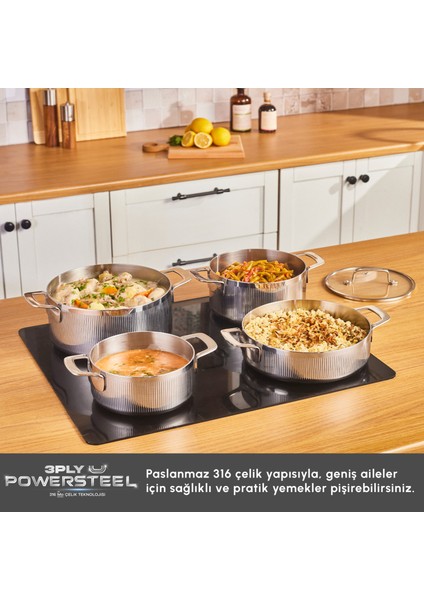 Power Steel 316+ 3ply Apollo Indüksiyon Tabanlı 8 Parça Çelik Tencere Seti modelleri
