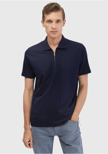 Lacivert Jakarlı Polo Yaka %100 Pamuk T-Shirt