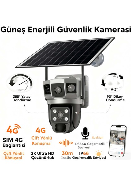 Sım Kartlı 4g, 6mp (3+3mp) Çift Lens, Güneş Enerjili Beslemeli, Tam Renkli Gece Görüşlü, Çift Yönlü Konuşma, Aı Insan Algılama, 7/24 Çalışma Özellikli Güvenlik Kamerası