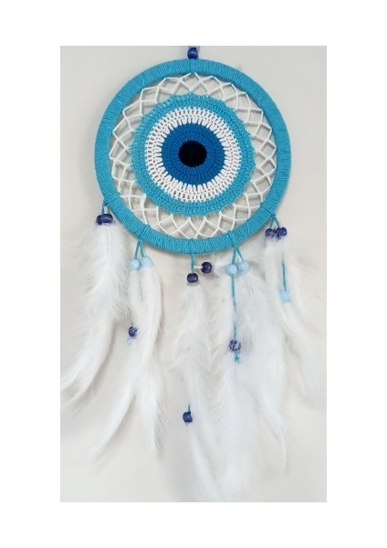 Nazar Boncuğu Motifli Turkuaz Rengi Dream Catcher Beyaz Kuş Tüylü Düş Kapanı Duvar Süsü