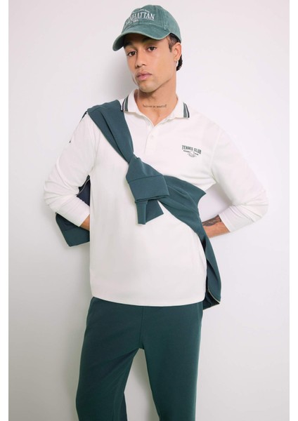 Standart Fit Polo Yaka Baskılı Sporcu Uzun Kollu Tişört F0379AX25AU