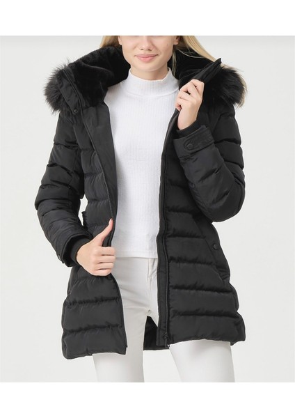 Kadın Siyah Kürklü Çıkarılabilir Kapüşonlu Su Geçirmez Uzun Şişme Anorak Kaban fiyatları