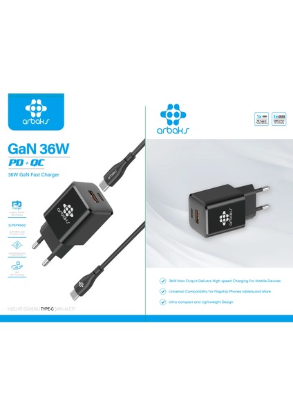 Gan Teknoloji 36W Pd Type-C To Type-C Şarj Kablosu - ARB-016 Siyah