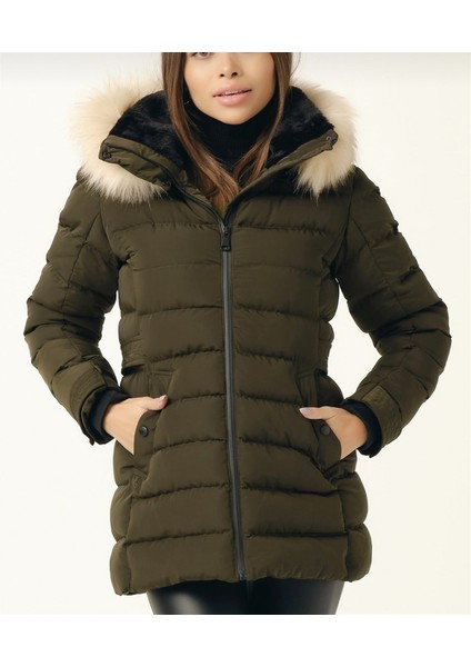 Kadın Haki Kürklü Çıkarılabilir Kapüşonlu Su Geçirmez Uzun Şişme Anorak Kaban
