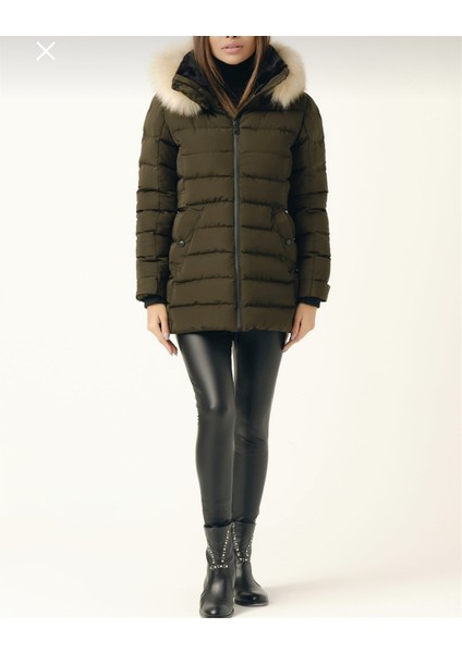 Kadın Haki Kürklü Çıkarılabilir Kapüşonlu Su Geçirmez Uzun Şişme Anorak Kaban fırsatları