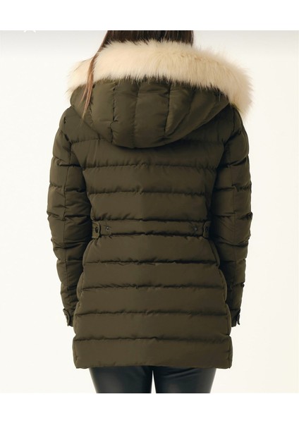 Kadın Haki Kürklü Çıkarılabilir Kapüşonlu Su Geçirmez Uzun Şişme Anorak Kaban indirimleri