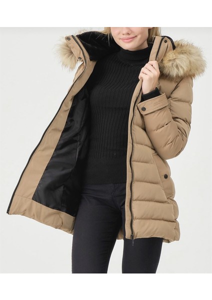 Kadın Bej Kürklü Çıkarılabilir Kapüşonlu Su Geçirmez Uzun Şişme Anorak Kaban fırsatları