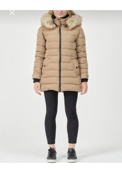 Kadın Bej Kürklü Çıkarılabilir Kapüşonlu Su Geçirmez Uzun Şişme Anorak Kaban indirimleri