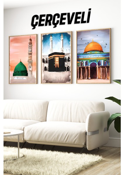 📌 Mescid-I Nebevi Kâbe ve Kubbetü’s-Sahra Temalı Çerçeveli Tablo Seti Uv Baskılı Mdf 🌸 CRV1232 42 x 62