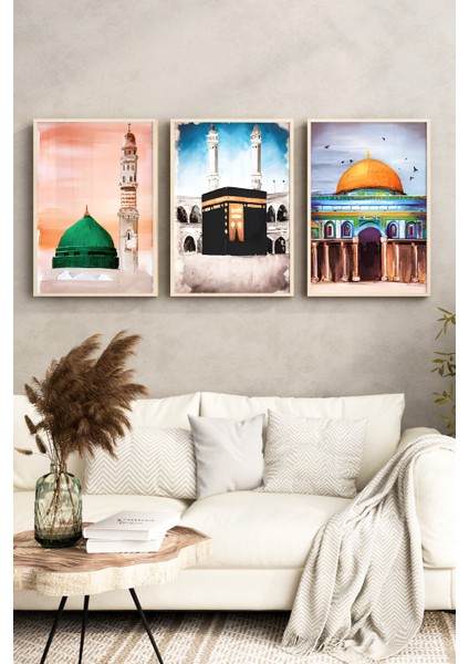 📌 Mescid-I Nebevi Kâbe ve Kubbetü’s-Sahra Temalı Çerçeveli Tablo Seti Uv Baskılı Mdf 🌸 CRV1232 42 x 62 fırsatları