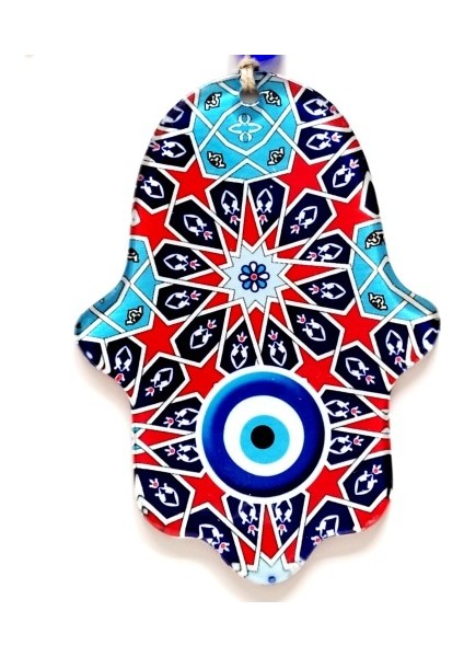 Yıldız ve Nazar Boncuğu Desenli Fatma Ana Bereket Eli Füzyon Cam Duvar Süsü