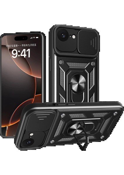 iPhone 16E Kılıf Pars Lens Yüzüklü Silikon - Siyah - A1934-9802