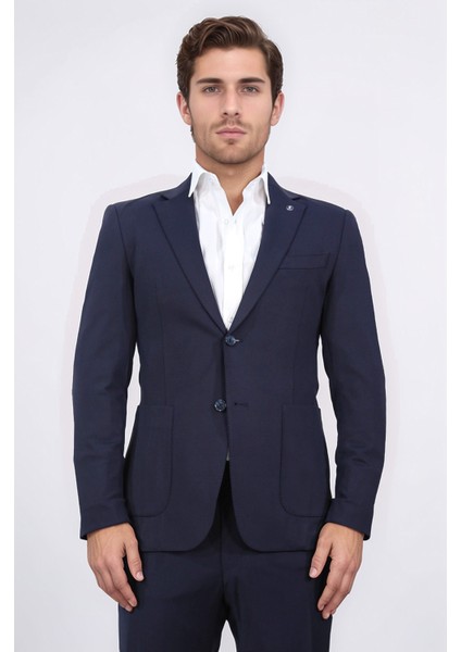 Comfort Fit Bi-Strech Hafif Dokulu Lacivert Astarsız Tek Ceket