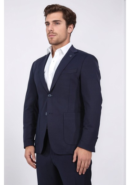 Comfort Fit Bi-Strech Hafif Dokulu Lacivert Astarsız Tek Ceket fiyatları