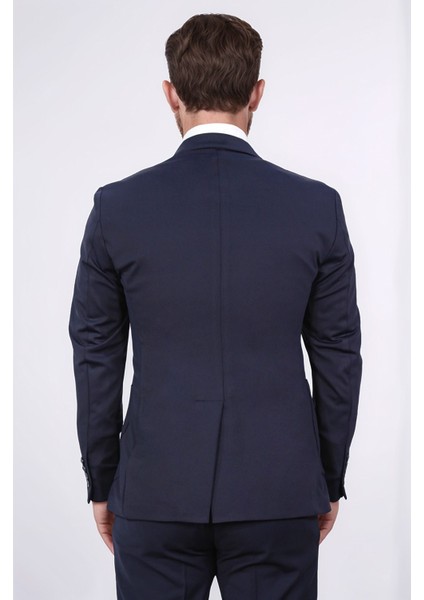 Comfort Fit Bi-Strech Hafif Dokulu Lacivert Astarsız Tek Ceket modelleri