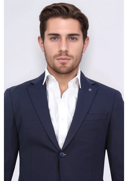 Comfort Fit Bi-Strech Hafif Dokulu Lacivert Astarsız Tek Ceket indirimleri