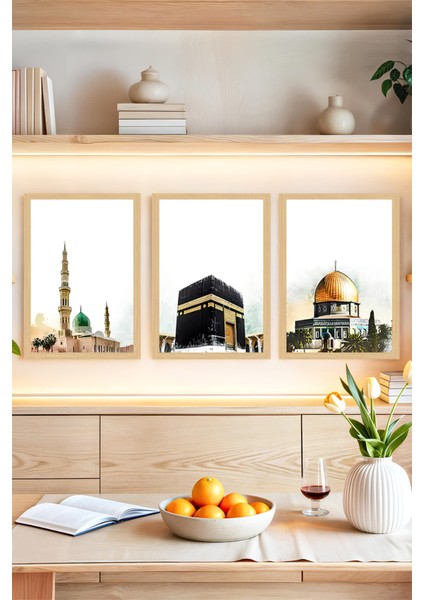 🕋 Üç Mescid Temalı Çerçeve Görünümlü Tablo Seti – Manevi Dokunuşlu Duvar Dekoru 🕌🕊️ CRVS1237 13 x 17