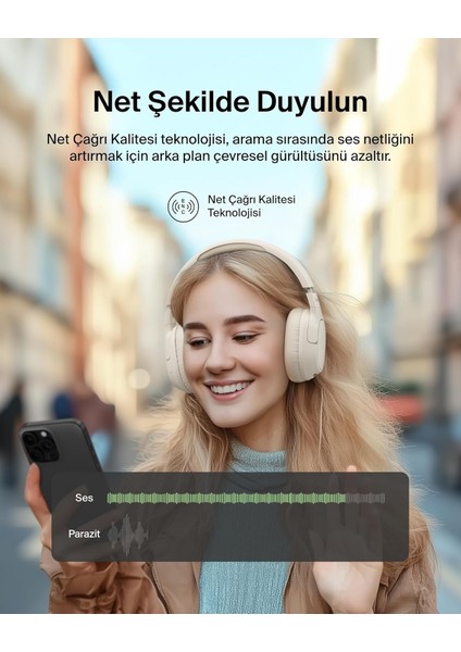 AUD008 Sf Kafaüstü Kulaklık-Krem - 60 Saat Oynatma Özellikli Kulak Üstü Kulaklık, Derin Bas, indirimleri