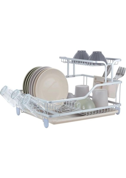 Mien 2 Katlı Alüminyum Bulaşıklık BUL-005 | Paslanmaz Tabaklık & Su Tahliyeli Premium Alüminyum Bulaşıklık Kaşıklıklı Bardak Askılı