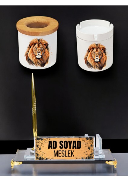 Modern Aslan Baskılı Masa Üstü Isimlik, Masa Isimliği - Ofis Masa Isimlik, Küllük Kalemlik Seti