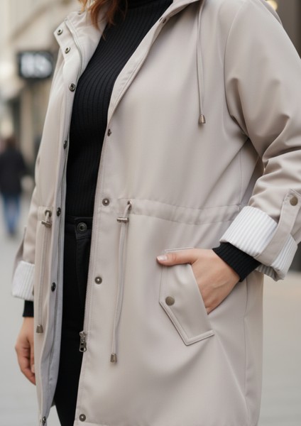 Büyük Beden Kapüşonlu Bej Renkli Bonding Ceket