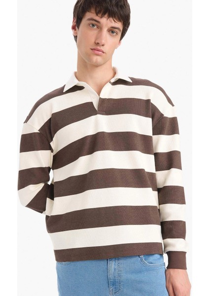 E8440 Kahve Boxy Fit Polo Yaka Çizgili Waffle Sweatshirt modelleri